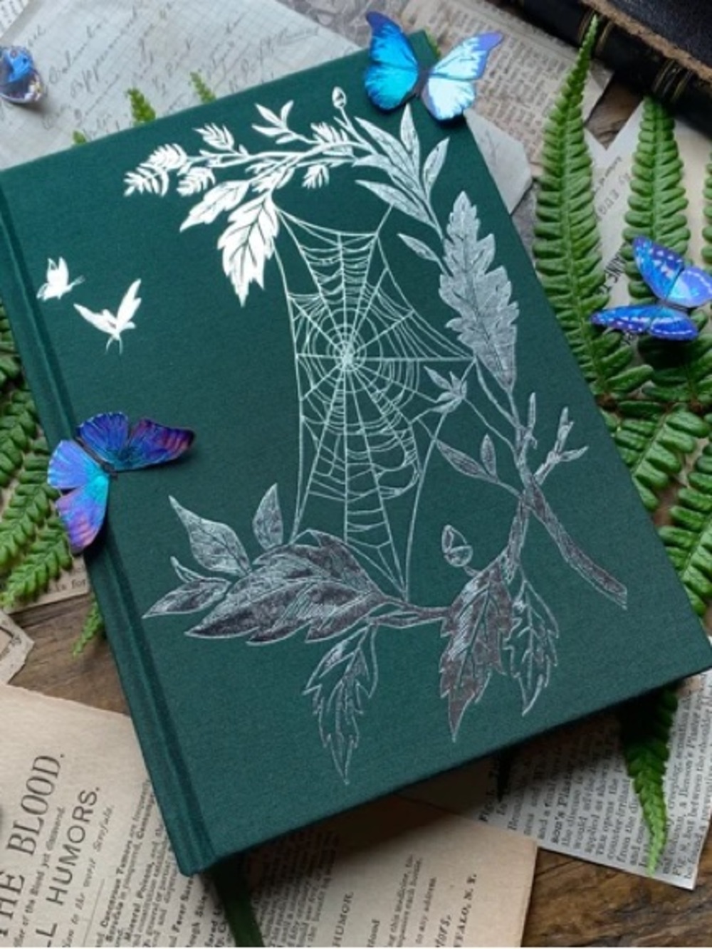 The Creeping Moon Emerald Green Botanical Journal with Silver Spiderweb Design